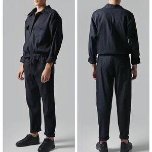 Visaltes 100% Linen Relaxed Fit Drawstring Long Sleeves Black Mens Jumpsuit M